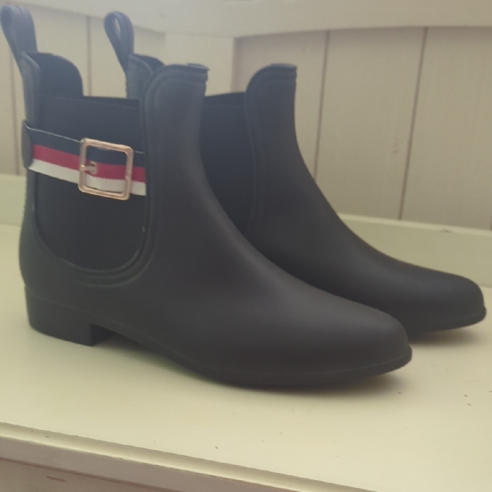 Henry Ferrera Black Rain Boots with Red and White Accents